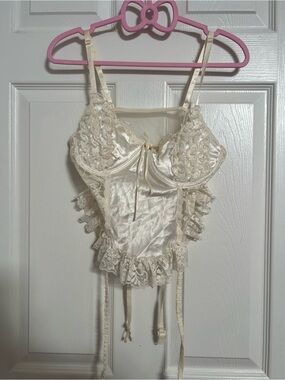 Vintage Cream Lace Satin Bustier Corset Top with Garters
